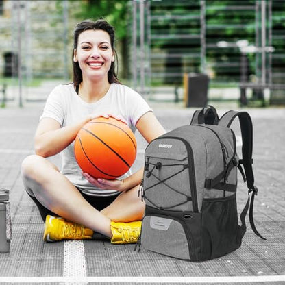 GRANDUP Basketball backpack with ball and shoes compartment Fit Volleyball, soccer, Swim, Gym, Travel, and School, large capacity sports training equipment bags - color: Grey tow ton