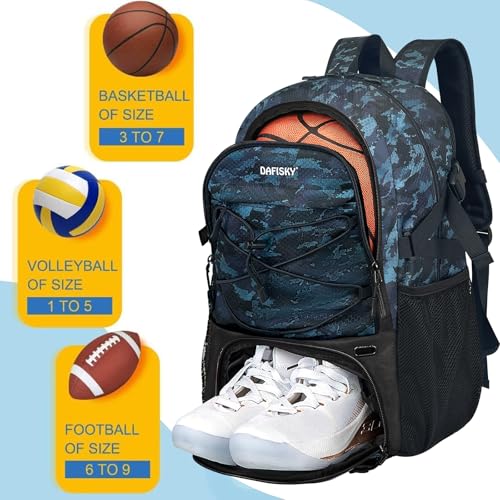 DAFISKY Basketball Backpack Sports Bag | Basketball Bag with Shoe Compartment and Ball Holder, 30L Large gym bag for boys girls - color: CamoBlue