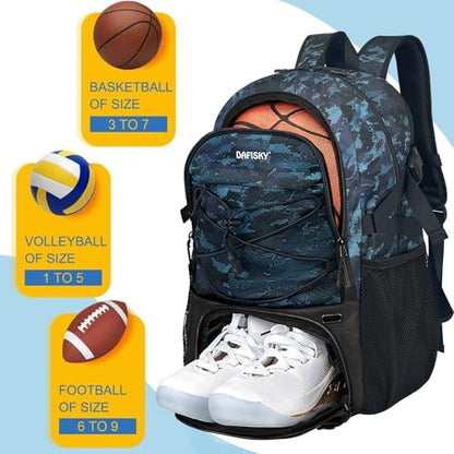 DAFISKY Basketball Backpack Sports Bag | Basketball Bag with Shoe Compartment and Ball Holder, 30L Large gym bag for boys girls - color: CamoBlue
