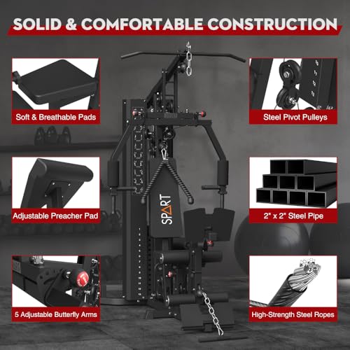 SPART Home Gym Station,Multifunctional Home Gym Workout Equipment,with 160LBS Weight Stack for Leg Press & Chest Fly, All in One Exercise Equipment Full Body Strength Training with Pulley System - color: Black, style: Steel Cover