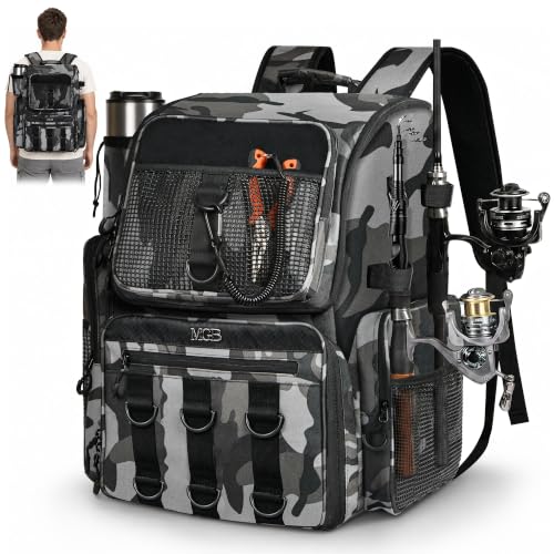 MGB 46L Water-resistant Fishing Tackle Backpack with Rod Holders - color: Grey+black Camo（without Tackle Box）
