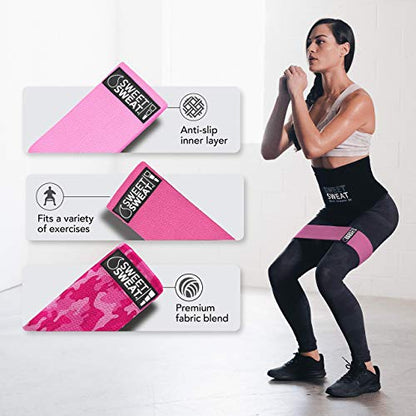 Sweet Sweat Hip Bands with 3 Levels of Resistance | Non-Slip Fabric Booty Bands for Squats & Lunges | Includes Free Mesh Carrying Bag - style: Pink Hip Bands