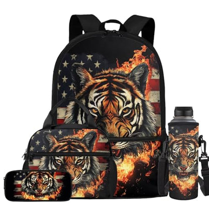American Flag Tiger Backpack Set for Boys School Backpack with Lunch Bag Water Bottle Carrier Pencil Case 4PCS Set Kids Bookbag for Kindergarten Primary Elementary School Bags with Handle - color: American Flag Tiger