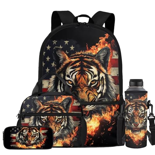 American Flag Tiger Backpack Set for Boys School Backpack with Lunch Bag Water Bottle Carrier Pencil Case 4PCS Set Kids Bookbag for Kindergarten Primary Elementary School Bags with Handle - color: American Flag Tiger