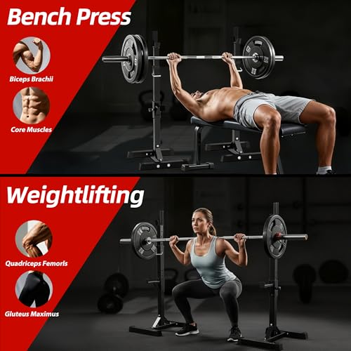 JupiterForce Adjustable Squat Rack Stands Pair of Sturdy Steel Bench Press Rack, Barbell Rack, 40''-66'' 550lbs Max Load Portable Weight Lifting Dumbbell Racks Stands for Home Gym, Black
