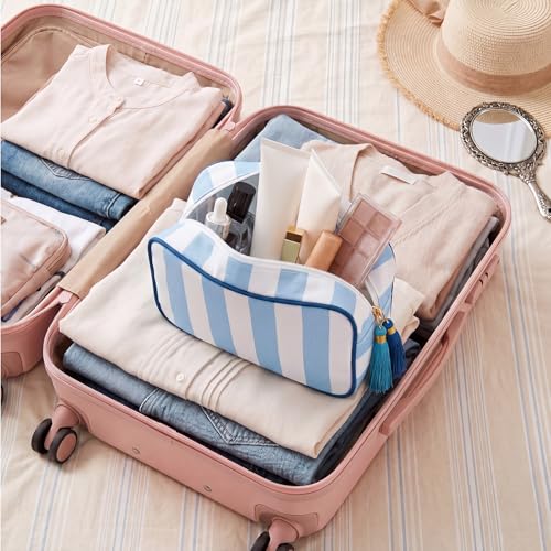Kacctyen 6 Pack Baby Blue and White Striped Makeup Bag bulk with Tassel Travel Cosmetic Pouch Organizer Large Zipper Toiletry Case for Women Aesthetic Storage Pouch Mahjong Tile Bag - color: Baby Blue and White