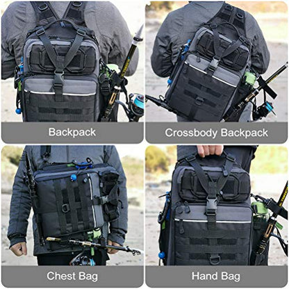 BLISSWILL Outdoor Tackle Bag - Large Water-Resistant Fishing Backpack - color: G：black and Grey, style: Large(16*12*6 Inch)