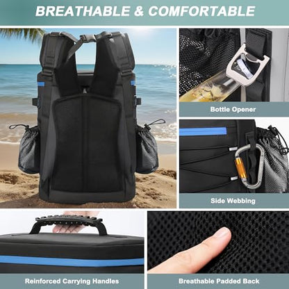 Large 52cans Cooler Backpack, Insulated, Waterproof, Leak Proof, 30L Large Capacity - color: Black, Blue Zipper