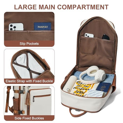 Shrrie Laptop Backpack for Women,Vegan Leather Backpack Work Computer Backpacks fits 16" Laptop,Water Resistant Teacher Nurse Casual Daypack for Weekender Camping Travel,Beige with Brown - color: Beige With Brown