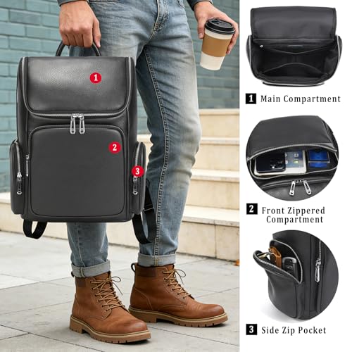 Laptop Leather Travel Backpack For Men Carry On Back Pack For Business Work computer Backpacks Fit 15.6" Laptop - color: Bb-71 Black