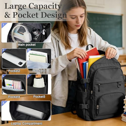 Lightweight Black College Backpack for Women Men Cute School Bag for Teens Girls Boys High School Backpack for Students Waterproof Casual Daypack Backpack - color: A1-black
