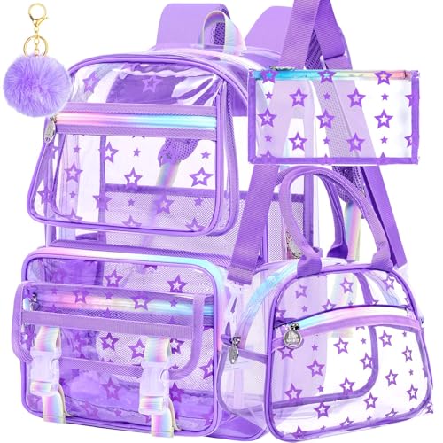 KLFVB 3PCS Clear Bookbag Heavy Duty, Girls See Through School Bag Set, Cute Transparent Backpack for Women - Star Purple - color: Star Purple Clear Backpack