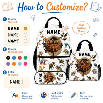 Boys Dinosaur Backpacks Custom Toddler Backpack with Lunch Box Set, 17 Inch Personalized Kids Bookbag for Preschool Kindergarten Elementary Dinosaur-Themed School Bag - color: White