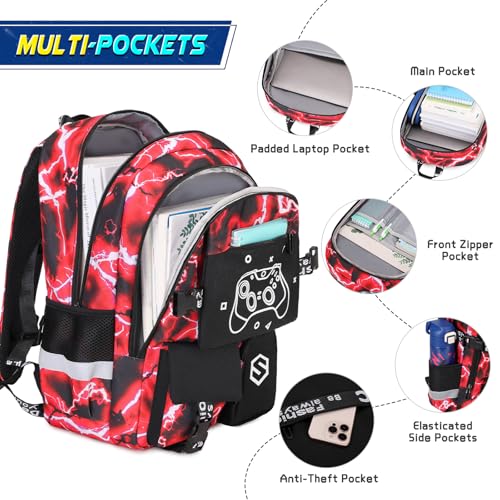Scothen Boys Backpack, Cool Luminous Gamer School Backpacks for Boys with 14oz Insulated Water Bottle Lunch Bag Pencil Case, Kids Backpack Book Bags for Kindergarten Elementary Middle School - color: Red Lightning