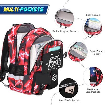 Scothen Boys Backpack, Cool Luminous Gamer School Backpacks for Boys with 14oz Insulated Water Bottle Lunch Bag Pencil Case, Kids Backpack Book Bags for Kindergarten Elementary Middle School - color: Red Lightning