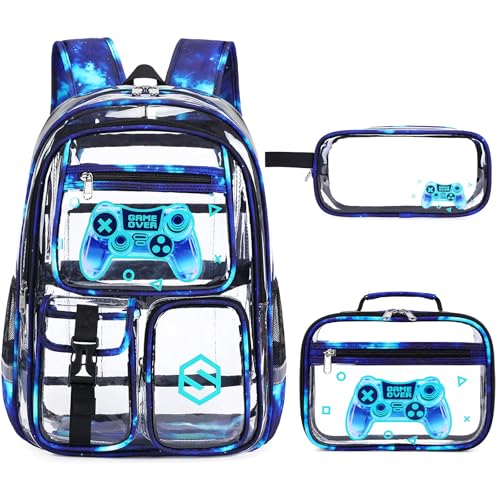 DIGOBAY 3PCS Cool Luminous Clear Backpack for Boys Kids, Gamer Clear Bookbag for School, See Through PVC Transparent Backpacks with Lunch Bag Pencil Case, Backpack Heavy Duty for School Stadium - color: Blue Galaxy