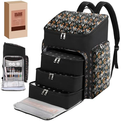 Floral Pattern Nail Polish Storage Backpack, Large Capacity Organizer Case with Multiple Compartments, Black