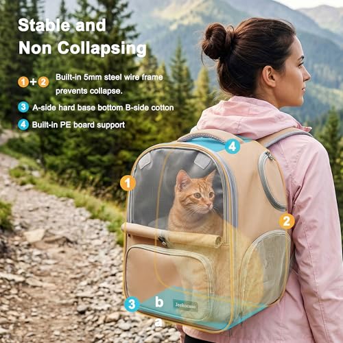 Cat Backpack Carrier Expandable,Pet Travel Backpack for Cats and Small Dogs, 1200D Waterproof Ventilated Mesh with Lockable Zippers, Foldable for Hiking Camping Vet, Up to 18 Lbs(Khaki) - color: Khaki