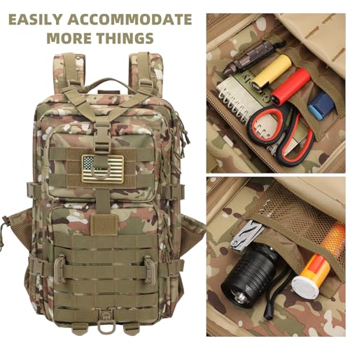 Hannibal Tactical 45L MOLLE Assault Pack, Tactical Backpack Army Military Camping Rucksack with Bottle Holder, 3-Day Pack Travel Trip w/USA Flag Patch, D-Rings, CP Camo - color: Cp, size: 45L