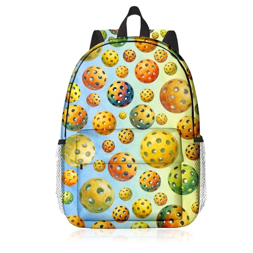 Pickleball Backpack for Kids & Youth, 16 Inch Tennis-Themed School Bookbag, Lightweight Polyester Daypack with Front Zip Pocket, Side Bottle Pocket, Padded Adjustable Straps, Unisex - color: Pickleball