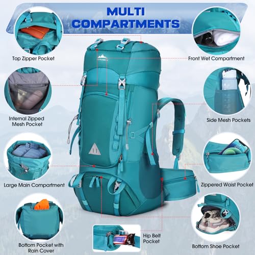 IGOLUMON 60L Hiking Backpack Waterproof Camping Backpack with Rain Cover Large Lightweight Backpacking Backpack for Men Women - color: Green
