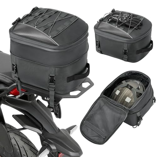 RAINSMORE Motorcycle Tail Bag,Dual-Use Rear Seat Bag with Waterproof Rain Cover,22-34L Expandable Motorbike Luggage Bag Backpack for Full Face Helmet Storage for Touring Adventure - color: Dark Grey