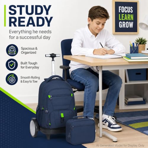 CCJPX 3Pcs Men & Boys Rolling Backpack with Bigger Wheels, Extra-Large Wheeled Bookbag with Lunch Box, Water Resistant Roller Luggage for Travel, Work, College (Blue) - color: Blue(upgrade Large Wheel)