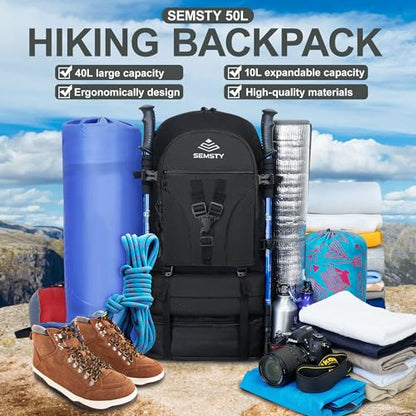 40L/50L Expandable Hiking Backpack for Men and Women, Travel Camping Backpack Flight Approved - color: 40l+10l Black