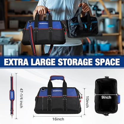 WORKPRO 16-inch Wide Mouth Tool Bag | Heavy Duty Cloth Tool Storage Bag, Water Proof Molded Base, Adjustable Shoulder Strap - color: Blue &Red