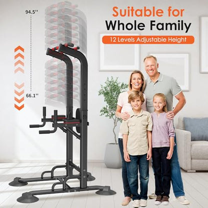 soges Power Tower Pull Up Bar Station, Dip Station for Home Gym, Height Adjustable Heavy Duty Strength Home Training Fitness Workout Equipment - color: Black-Bands