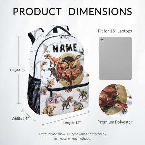 Boys Dinosaur Backpacks Custom Toddler Backpack, 17 Inch Personalized Kids Bookbag for Preschool Kindergarten Elementary Dinosaur-Themed School Bag with Adjustable Padded Straps - color: White