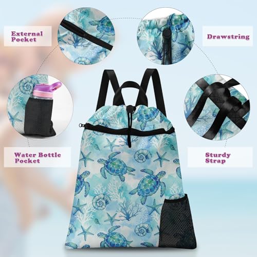 Sea Turtle Drawstring Backpack, 15” x 17” Waterproof Swim Bag for Beach Swimming Pool, Lightweight Foldable Gym Bag with Water Bottle Holder for Sports Travel - color: Sea Turtle