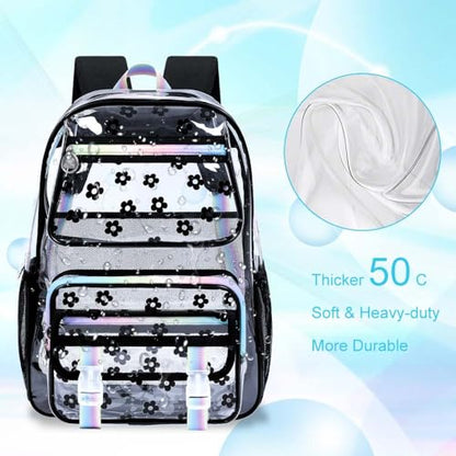 KLFVB Clear Bookbag Heavy Duty, 3PCS Girls See Through School Bag Set, Cute Transparent Backpack for Women - Plum Blossom Black - color: Plum Blossom Black Clear Backpack