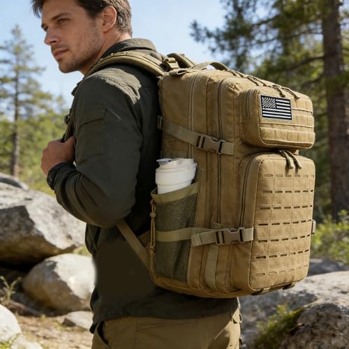 Military Tactical Backpack 45L/25L 3 Day Assault Pack Molle Daypack Hiking Backpack for Men and Women - color: Khaki-2, size: 45L