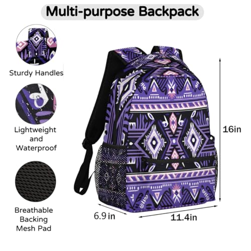 Kids School Backpack Purple Ethnic Aztec Geometric Large Bookbag for Elementary Students Boys Girls Lightweight Travel Casual Daypack Water Resistant Outdoor Hiking Sport Rucksack - color: Purple Ethnic Aztec Geometric