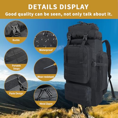 80L Hiking Backpack Men Camping Backpack, Waterproof MOLLE Military Tactical Rucksack, Large Capacity Assault Pack for Outdoor Survival, Trekking, Travel (Black) - color: 80l Black-umolle