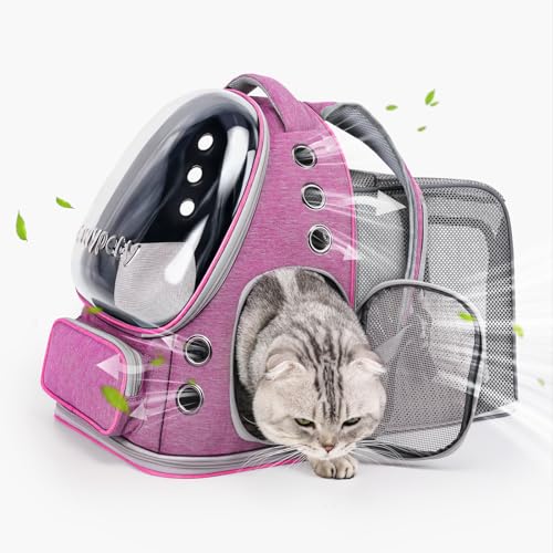Cawypety Expandable Cat Backpack,Cat Bubble Backpack Carrier for Carrying Cats, Pets and Small Dogs,Airline-Approved,Designed for Travel, Hiking, Walking,Car （Pink - color: Square Expandable- Pink