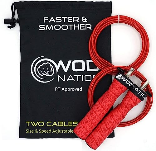 WOD Nation Attack Speed Jump Rope : Adjustable Jumping Ropes : Unique Two Cable Skipping Workout System : One Thick and One Light 11 Foot Cable : Perfect for Double Unders : Men and Women - color: Red