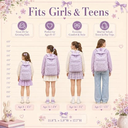 LEDAOU School Backpack for Teen Girls Elementary Middle School Bookbag Kids Backpacks Women Laptop Backpack Travel Daypack (Flower Bow - Purple) - color: Flower Bow - Purple