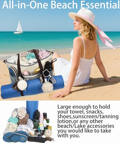 Mesh Beach Bag with Cooler Large Travel Family Vacation Essentials Pool Swimming Zipper Pocket Durable 9 Pockets - color: Beige