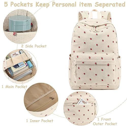 Bluboon School Backpack Set Girls Womens Laptop Bookbag Casual Daypack Fits 15 inch Laptop with Lunch Tote Bag and Pencil Bag - color: Corduroy-strawberry Khaki