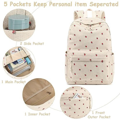 Bluboon School Backpack Set Girls Womens Laptop Bookbag Casual Daypack Fits 15 inch Laptop with Lunch Tote Bag and Pencil Bag - color: Corduroy-strawberry Khaki