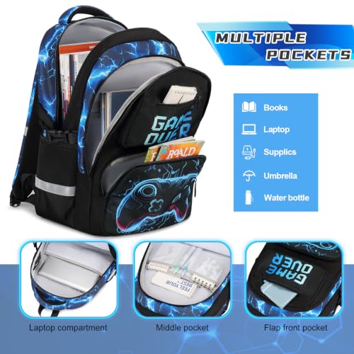 Scothen 3PCS Boys Backpack Set, Cool Backpack for Boys with Lunch Bag & Pencil Case, Kids School Bag Teen Boy Bookbag for Kindergarten Elementary Middle School with USB Charging Port - color: Futuristic Blue Lightning