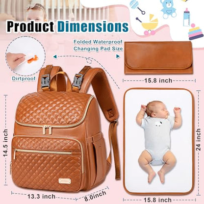 Weitars Diaper Bag Backpack Leather Baby Diaper Bag with Changing Pad Travel Diaper Backpack,Baby Bag for Mom,Stroller Straps,5 Insulated Pockets (Brown Leather) - color: Brown Leather
