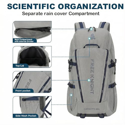Bseash 45L Waterproof Hiking Camping Backpack with Rain Cover, Outdoor Sport Travel Bag Daypack for Climbing Skiing Cycling (Gray) - color: Gray