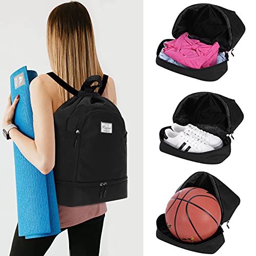 KAMO Drawstring Backpack Bag - Sport Swimming Yoga Backpack with Shoe Compartment, Two Water Bottle Holder for Men Women Large String Backpack Athletic Sackpack for Travel - color: Black
