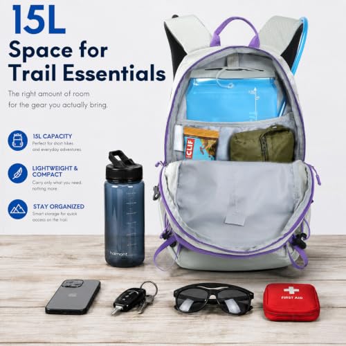 Haimont 15L Lightweight Hiking Daypack, Grey | 1.19 lb Carry, Hydration Sleeve, Trekking Pole Loops, Breathable Back Panel, Whistle - color: Grey