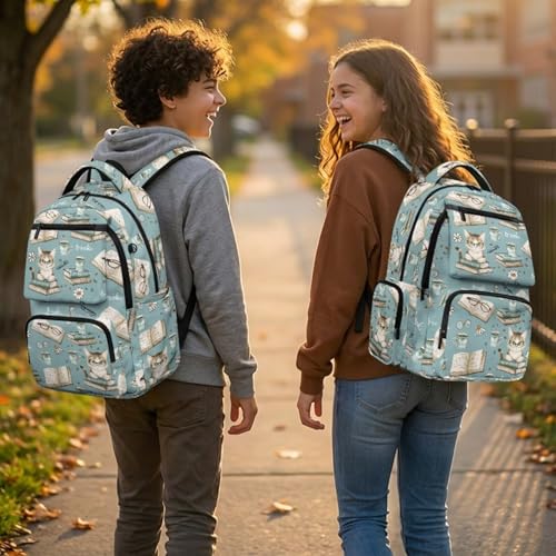 Book Cat Backpack for Girls 10-12 Kids School Backpack with Lunch Box Water Bottle Holder Pencil Case 4 Pieces Set Elementary School Backpacks for Girls Bookbag with Adjustable Straps - color: Book Cat