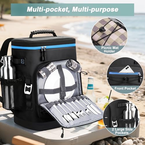 Large 52cans Cooler Backpack, Insulated, Waterproof, Leak Proof, 30L Large Capacity - color: Black, Blue Zipper