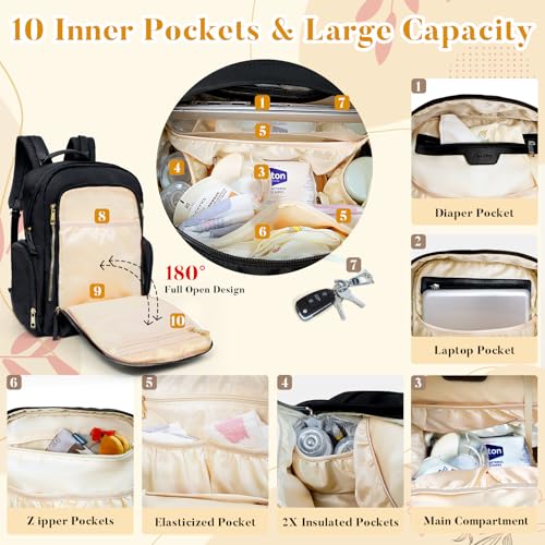 miss fong Diaper Backpack - Mommy & Dad Diaper Bag with Dispenser, 16 Pockets, Large Capacity, Travel & Baby Shower Gifts - Dark Black - color: Dark
